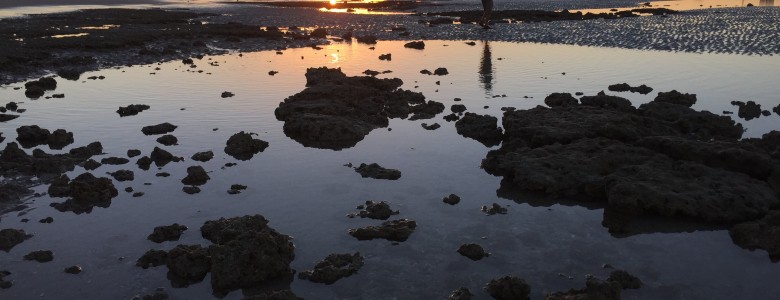 Shallow rocky lagoon with sunset in background